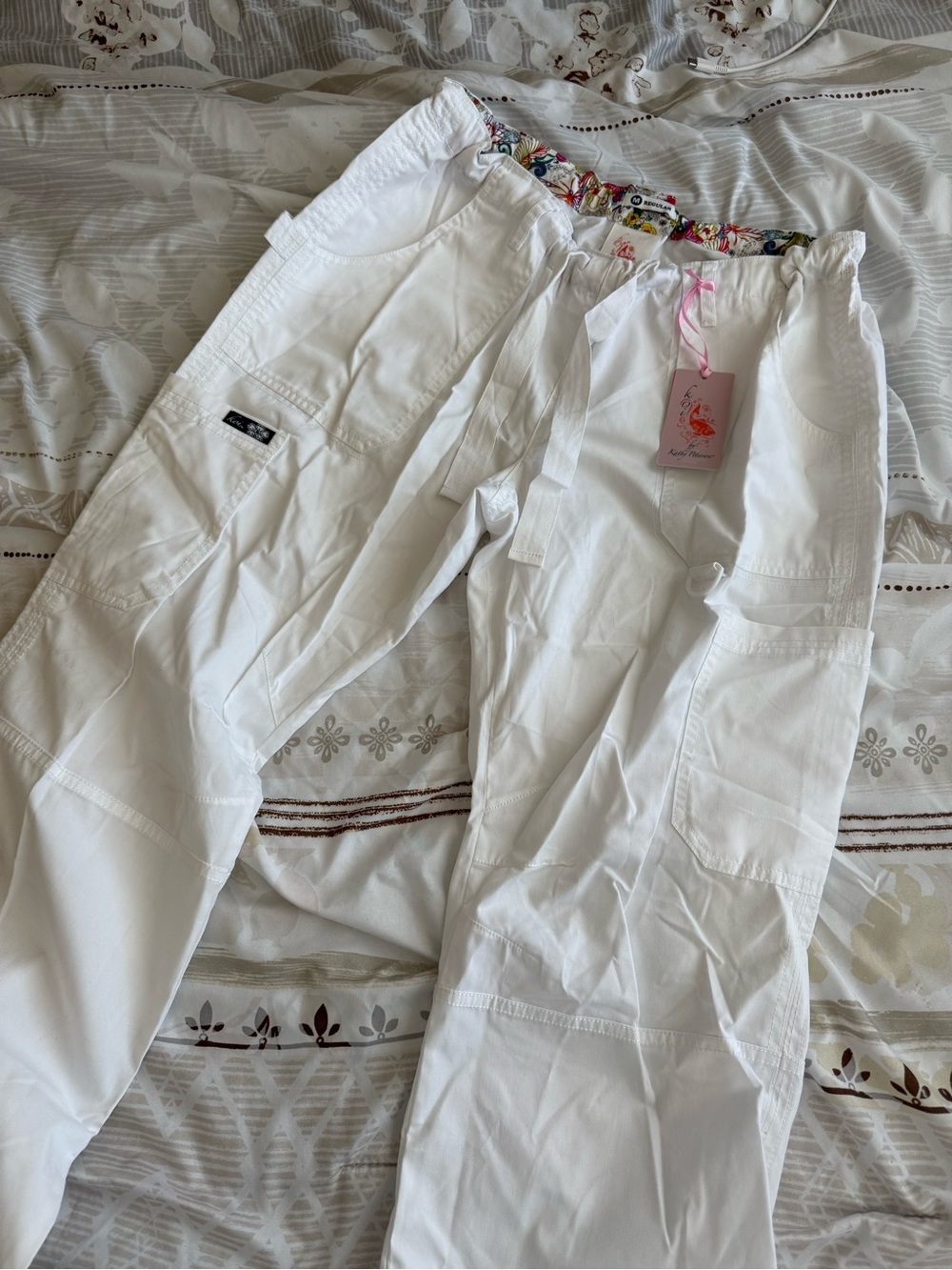 White Cargo Scrub Pants with Floral Waistband